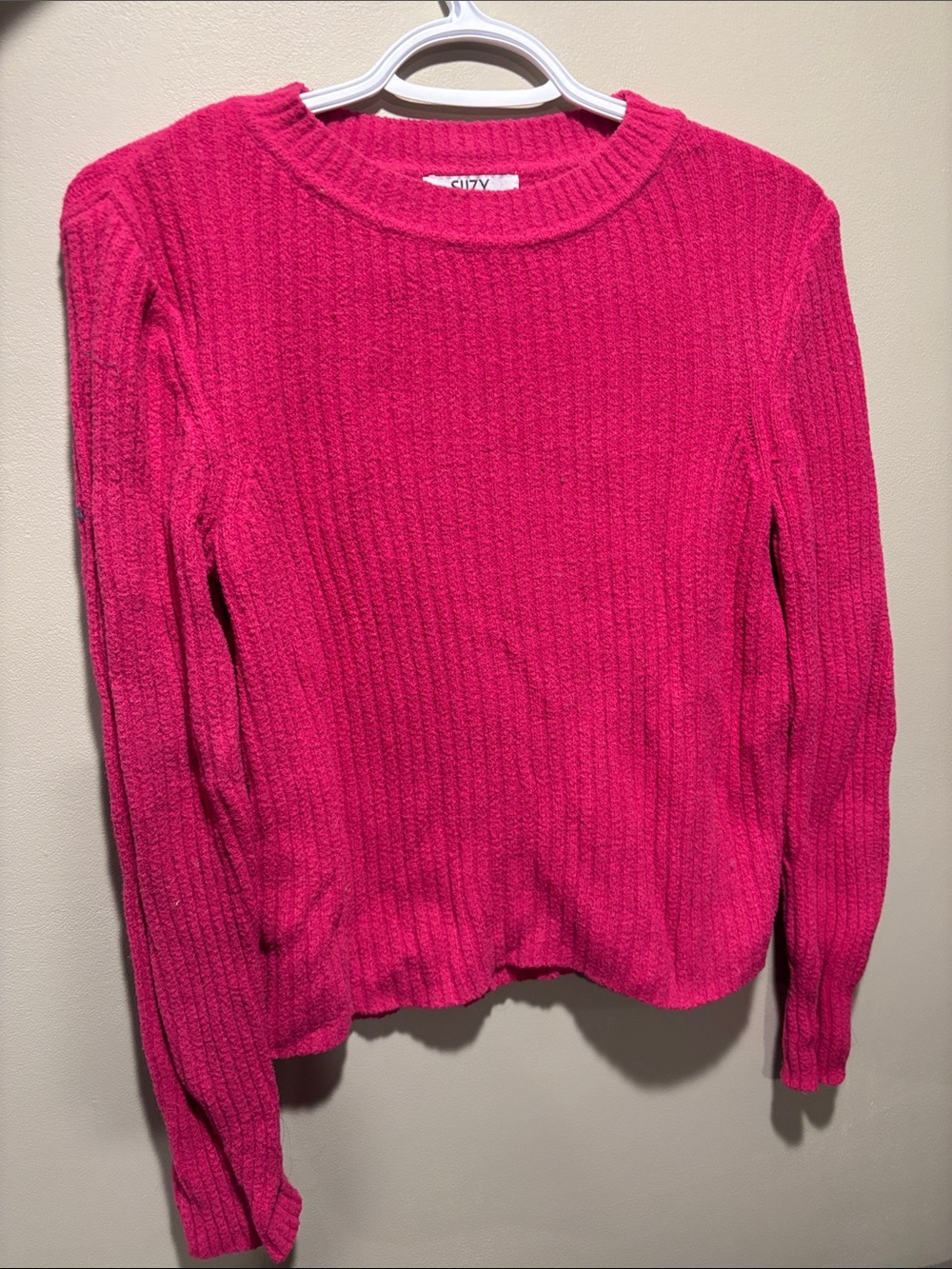 hot Pink Ribbed Crewneck Sweater - Women's
